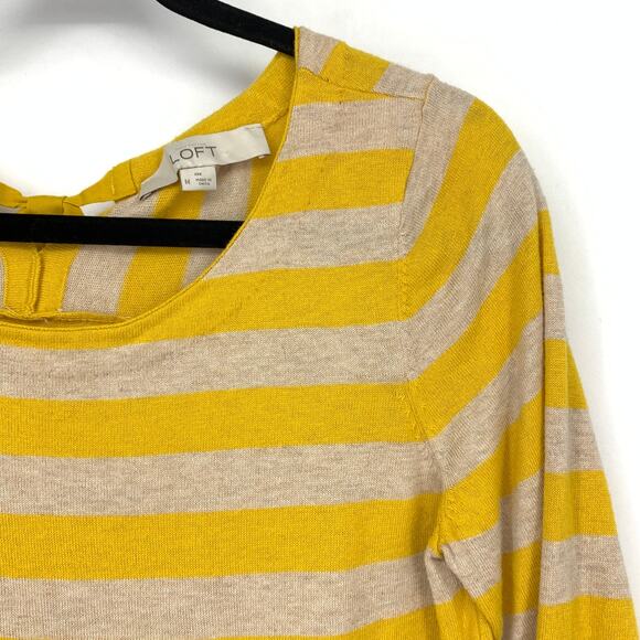 Loft 3/4 Sleeve Pullover Sweater Womens Sz M Yellow Beige Striped Tie Back Neck - Picture 4 of 7